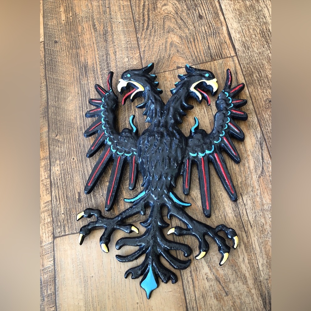 Vintage Cast Metal Coat Of Arms Double Eagle Head Wall Hang, Hawk Bird Tribal